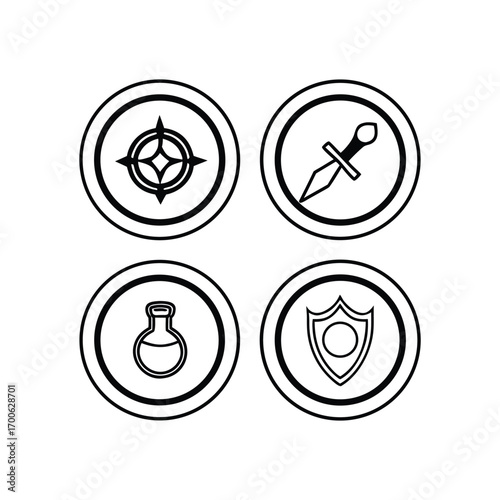 Four black and white icons isolated on white background representing a target, dagger, potion, and shield for game development