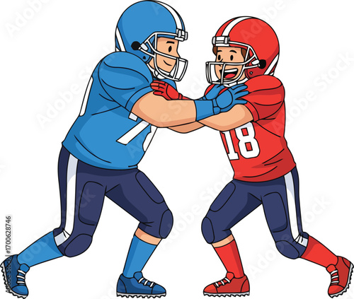 cartoon illustration of two young boy / American football players in the middle of a game