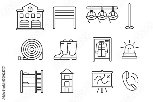 Fire Station Elements. Line style icons of fire station elements: fire station building, open garage doors, hanging helmets, fire