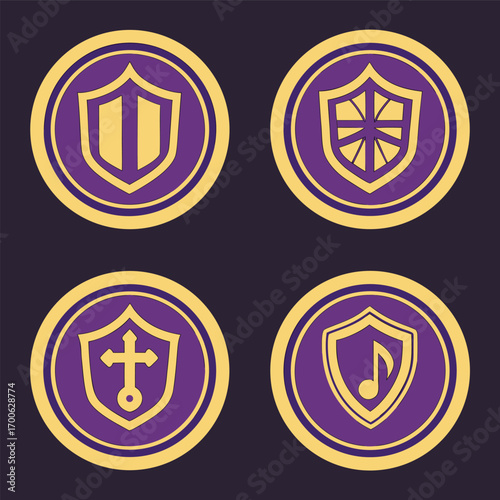 Four purple and gold shield icons representing different symbols for game development on a dark background, protection and power