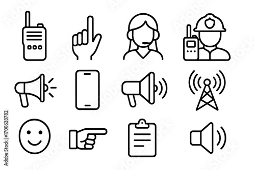 Firefighter Communication Icons. Line style icons of firefighter communication: walkie-talkie, hand signal, team radio, dispatcher