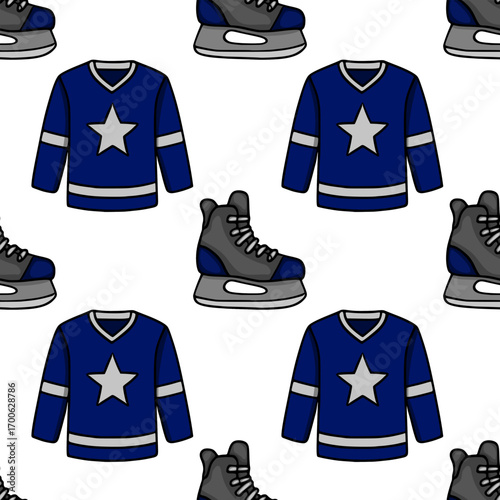 Seamless vector pattern featuring a repeating design of hockey jerseys with a star and ice skates, rendered in a hand-drawn style with a navy blue and gray color scheme.