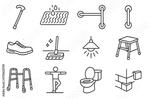 Fall Prevention Icons. Line style icons of fall prevention: walking cane, non-slip mat, safety rail, hand grip bar; supportive