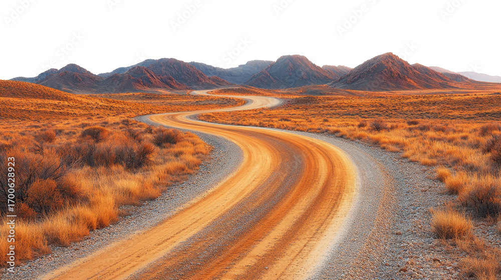 Naklejka premium Red rock canyon with a curving dry road isolated on a white transparent background