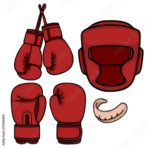 A vibrant vector illustration showcasing a set of boxing equipment: red boxing gloves, a head guard, and a mouth guard, each meticulously detailed with bold outlines and a rich color palette.