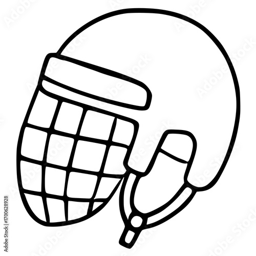 A vector illustration of a hockey goalie mask, featuring a unique hand-drawn style with bold black outlines and a checkered cage design, emphasizing its protective function and sporty aesthetic.