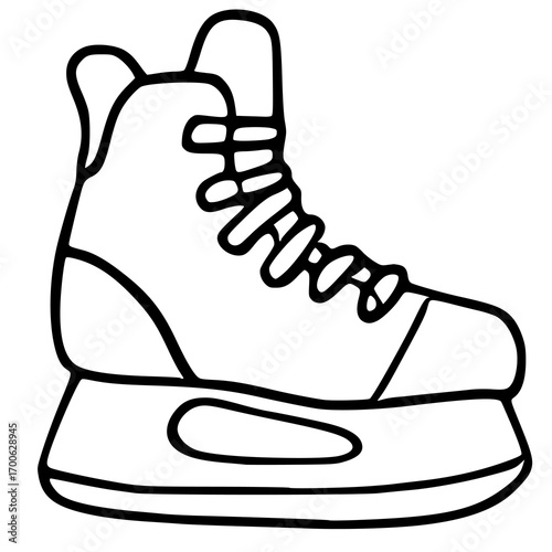 A vector illustration of a single ice hockey skate, depicted in a simple, bold black outline style against a white background, showcasing the laced-up boot and blade details.