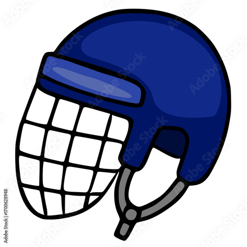 A vector illustration of a dark blue hockey goalie helmet with a cage, characterized by its bold outlines and simplified design, suitable for sports-themed projects.