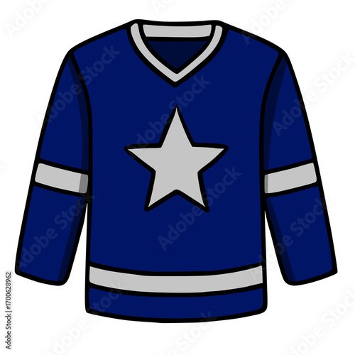 A vector illustration of a navy blue hockey jersey with a silver star and stripes, featuring a simple, cartoonish style.
