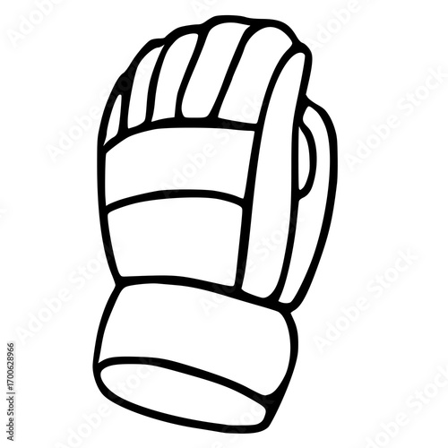 A vector illustration of a single hockey goalie glove, depicted in a bold, hand-drawn style with thick black outlines against a white background, showcasing a simplified yet expressive design ideal...