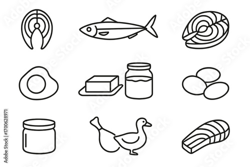 Animal Fat Icon Set. Line style icons of animal-based fat sources: salmon steak, sardine, mackerel, tuna slice; egg yolk,