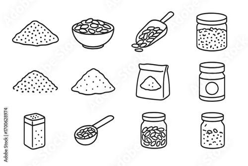 Line Style Seed Icons. Line style icons of dry seeds and powders: chia seed pile, flax seeds in bowl, sesame seed scoop, hemp seed