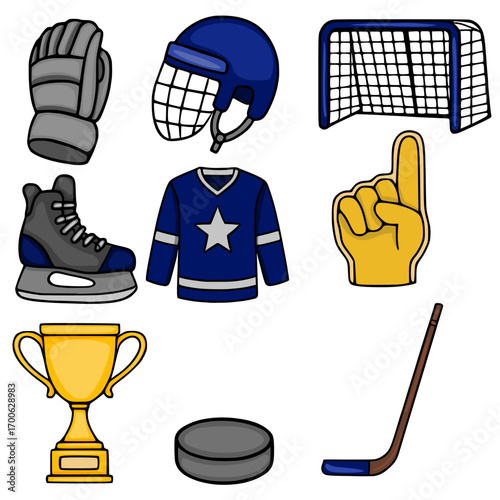 A vibrant vector illustration showcasing a collection of iconic hockey equipment, including gloves, helmet, net, skates, jersey, foam finger, trophy, puck, and stick, designed in a playful cartoon...