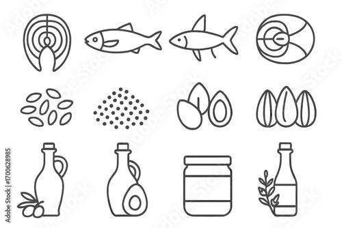Healthy Food Icons. Line style icons of healthy food ingredients: salmon fillet, sardine, anchovy, tuna steak; flax seeds, chia