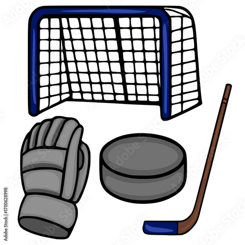 A playful vector illustration featuring a hockey net, puck, stick, and glove, rendered in a cartoonish style with bold outlines and flat coloring.