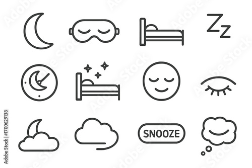 Sleep Icons Collection. Line style icons of sleep and recovery: moon icon, sleep mask, calm bed, Z symbol; clock with moon, stars