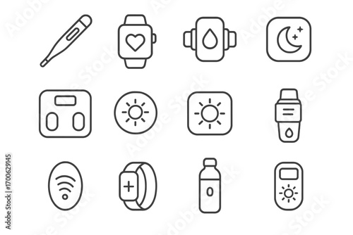 Minimalist Healthcare Icons. Line style icons of minimalist healthcare devices: thermometer, smartwatch with heart, hydration