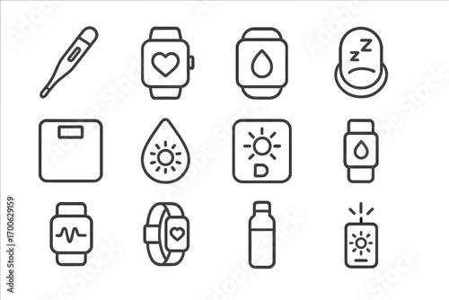 Minimalist Healthcare Icons. Line style icons of minimalist healthcare devices: thermometer, smartwatch with heart, hydration