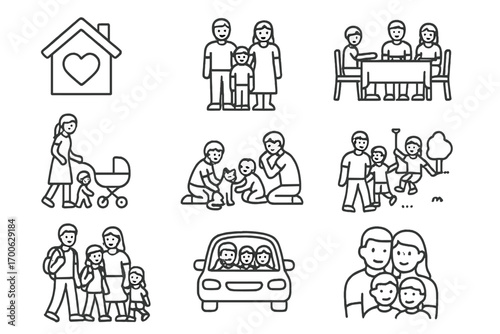 Family Life Icons. Line style icons of family life: house with heart, parents with children, family meal, stroller walk; pet with