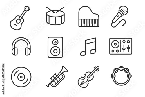 Music Icons Collection. Line style icons of musical activities: guitar, drum, piano, microphone; headphones, speaker, music note,