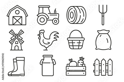 Rural Life Icons. Line style icons of rural lifestyle: barn, tractor, hay bale, pitchfork; windmill, rooster, basket, sack of