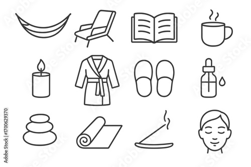 Relaxation Icons Collection. Line style icons of relaxation and leisure: hammock, lounge chair, book, hot drink; candle, bathrobe,