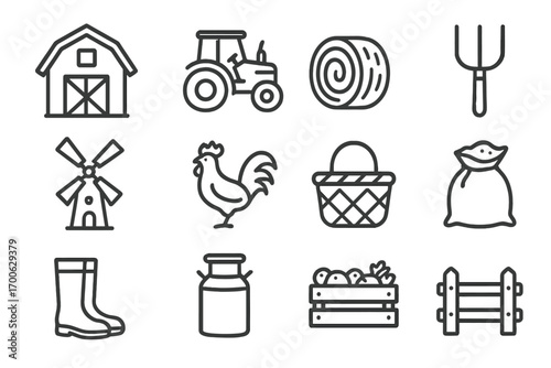 Rural Life Icons. Line style icons of rural lifestyle: barn, tractor, hay bale, pitchfork; windmill, rooster, basket, sack of