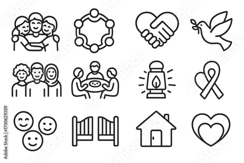 Symbols of Unity. Line style icons of community and peace: group hug, unity circle, heart handshake, diverse people; shared meal,