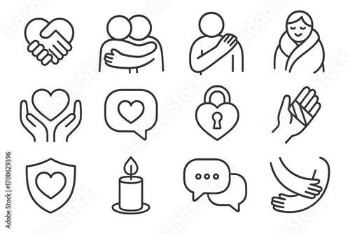 Emotional Safety Icons. Line style icons of emotional safety: trust icon, two people hugging, comfort gesture, warm blanket; heart