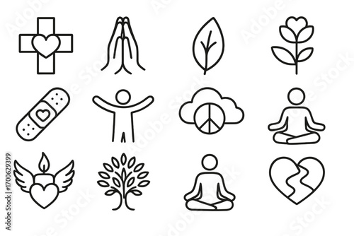 Icons of Healing & Peace. Line style icons of healing and peace: cross with heart, hands in prayer, wellness leaf, heart in bloom;