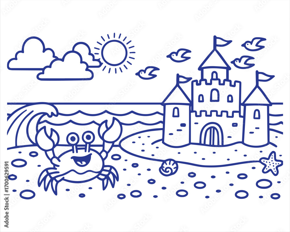 Obraz premium sandcastle and cartoon crab summer