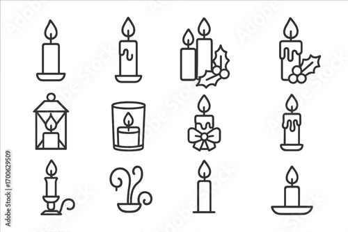 Festive Candle Icons. Line style icons of festive candles: single candle, candle with flame, three candles, candle with holly;