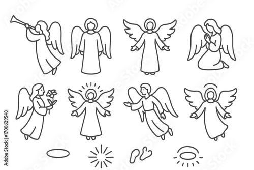 Easter Angels Icons. Line style icons of Easter angels: angel with trumpet, angel in robe, angel with open wings, praying angel;