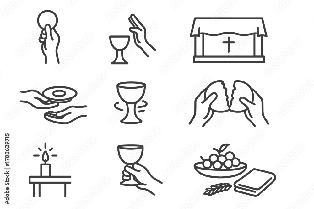 Fototapeta premium Communion Line Art. Line style icons of communion service: host raised, chalice blessed, altar with cover, plate passed; wine in