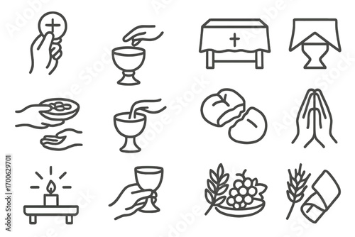 Communion Line Art. Line style icons of communion service: host raised, chalice blessed, altar with cover, plate passed; wine in