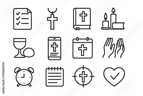 Christian Icons Collection. Line style icons of Christian life tools: checklist of prayer, small cross pendant, simple bible,