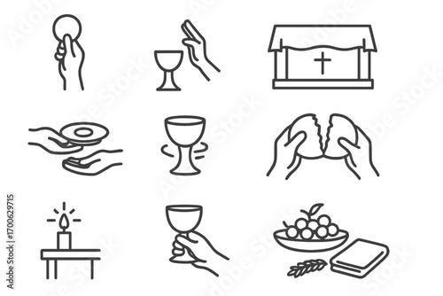 Communion Line Art. Line style icons of communion service: host raised, chalice blessed, altar with cover, plate passed; wine in