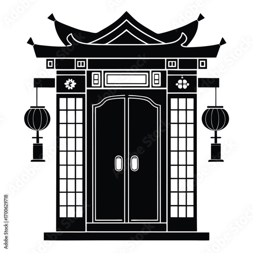 Black Silhouette of Traditional Chinese Gate with Lanterns and Ornate Details