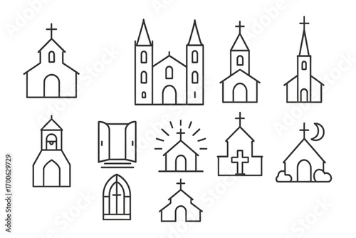 Church Building Icons. Line style icons of Christian church buildings: simple chapel, cathedral outline, church with cross,