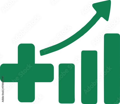 Green chart showing positive growth with plus sign indicating increase and success in business, finance, and investment with optimistic outlook.