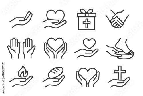 Christian Service Icons. Line style icons of Christian service: helping hand, heart with hand, gift box with cross, support icon;