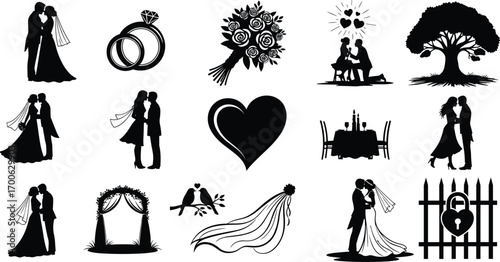 Romantic wedding silhouette collection including bride groom kissing, engagement rings, bouquet, heart symbol, proposal, love birds, wedding veil, romantic dinner, love tree, wedding arch, fence lock 