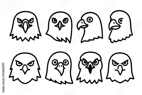 Raptor Bird Icons. Line style icons of raptor bird faces: eagle with beak, falcon eyes, hawk profile, buzzard head; sharp-eyed