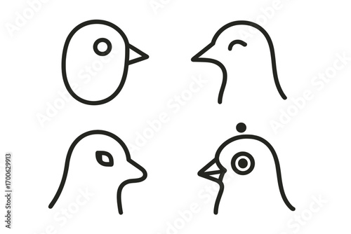 Minimalist Bird Heads. Line style icons of minimalist bird heads: oval eyes, small triangle beak, rounded head, curved line eye;