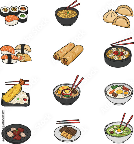 Assorted asian food dishes arranged neatly, showcasing sushi, ramen, dumplings, and spring rolls in a colorful and inviting presentation.