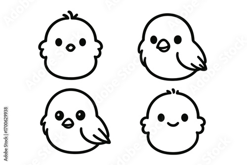 Chicks and Bird Faces. Line style icons of chicks and baby bird faces: small round head, wide eye, dot beak, fluffy cheeks; cute