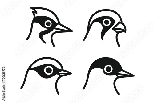 Masked Bird Icons. Line style icons of masked bird faces: masked woodpecker, falcon face mark, warbler pattern, tern head; high