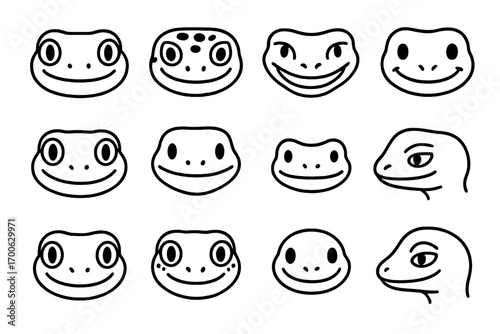 Gecko and Lizard Icons. Line style icons of gecko and lizard face outlines: gecko with round cheeks, spotted gecko face, lizard