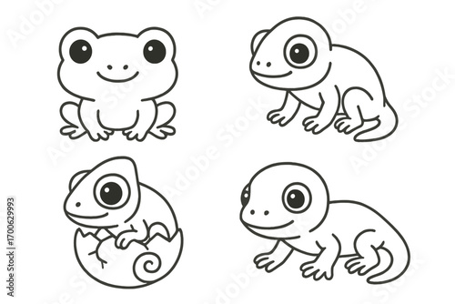 Baby Reptile Icons. Line style icons of cute baby reptiles: tiny frog face, baby gecko, chameleon hatchling, small-eyed lizard;