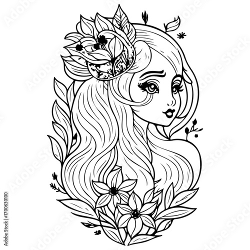 mythical beautiful xana with floral illustration sketch hand draw